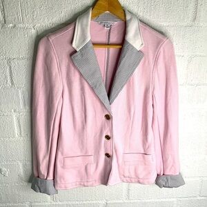 Isaac Mizrahi Oversized Pink Gray Striped Double Breasted Blazer sz XS